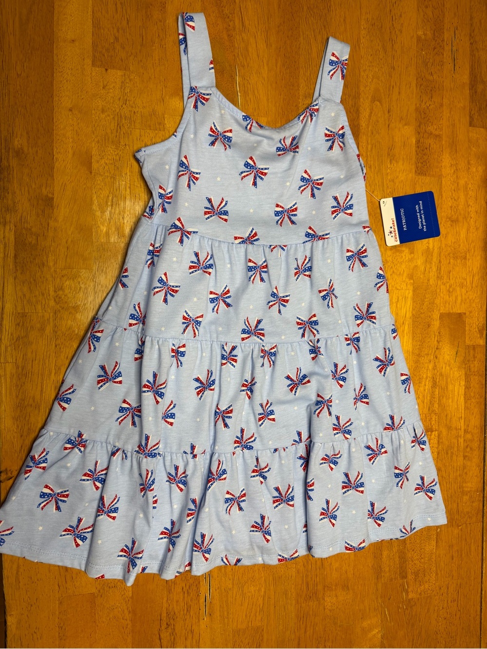 Girls' Light Blue Tiered Bow Print Dress